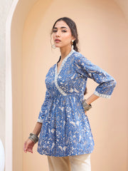 Women Blue Floral Cambric Wrap Peplum Kurti