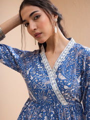 Women Blue Floral Cambric Wrap Peplum Kurti