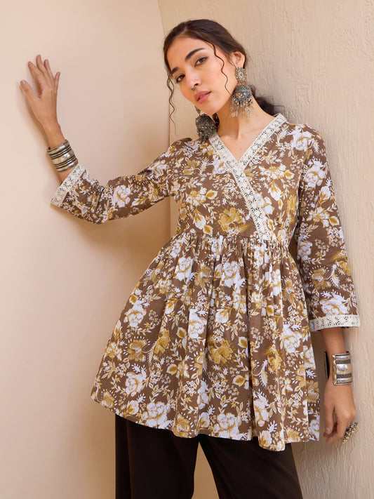 Women Brown Floral Cambric Wrap Peplum Kurti