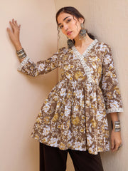 Women Brown Floral Cambric Wrap Peplum Kurti