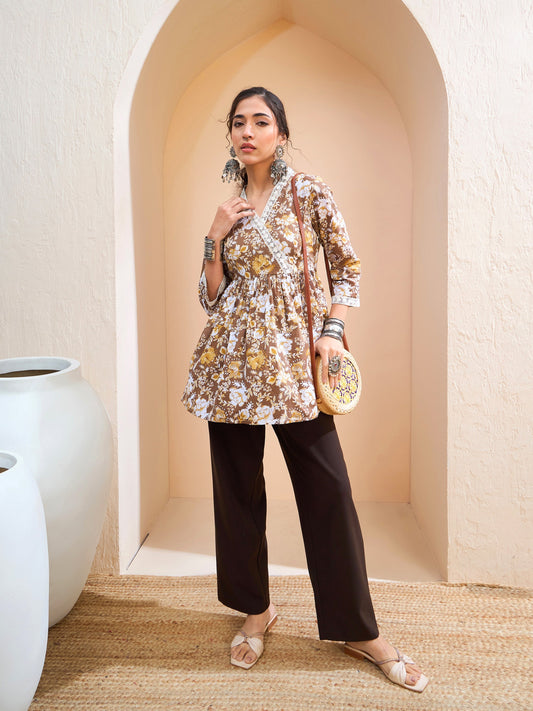 Women Brown Floral Cambric Wrap Peplum Kurti