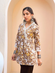 Women Brown Floral Cambric Wrap Peplum Kurti