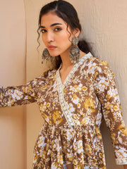 Women Brown Floral Cambric Wrap Peplum Kurti
