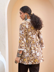 Women Brown Floral Cambric Wrap Peplum Kurti