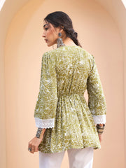 Women Green Floral V-Neck Peplum Kurti