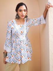 Women White Geometric Print Peplum Kurti