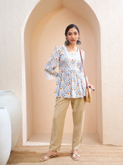 Women White Geometric Print Peplum Kurti