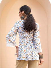 Women White Geometric Print Peplum Kurti