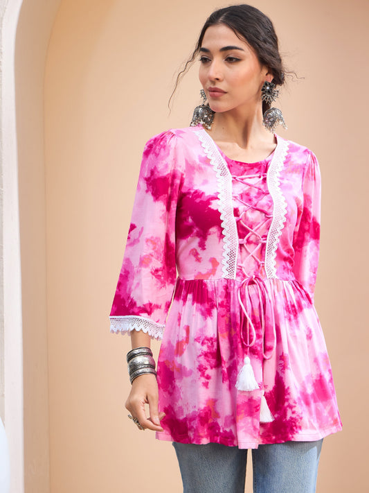 Women Pink Tie & Dye Front Criss Cross Peplum Kurti