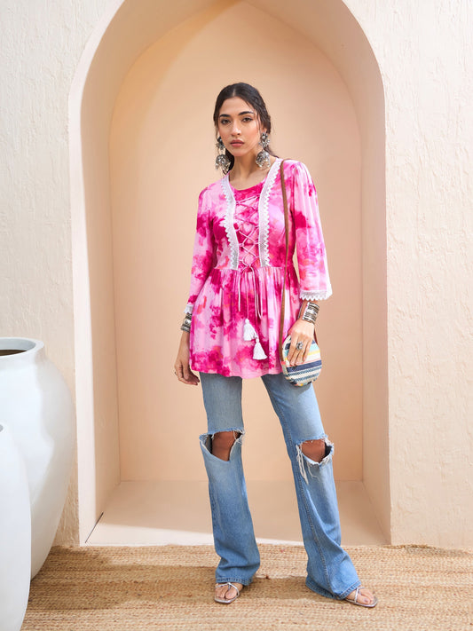Women Pink Tie & Dye Front Criss Cross Peplum Kurti