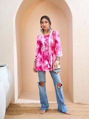 Women Pink Tie & Dye Front Criss Cross Peplum Kurti