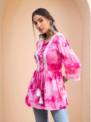 Women Pink Tie & Dye Front Criss Cross Peplum Kurti