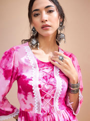 Women Pink Tie & Dye Front Criss Cross Peplum Kurti