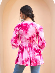 Women Pink Tie & Dye Front Criss Cross Peplum Kurti