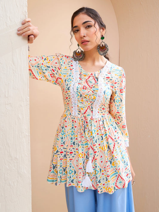 Women Beige Geometric Front Criss Cross Peplum Kurti