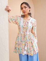 Women Beige Geometric Front Criss Cross Peplum Kurti
