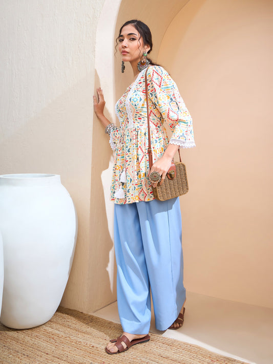 Women Beige Geometric Front Criss Cross Peplum Kurti