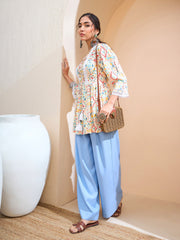 Women Beige Geometric Front Criss Cross Peplum Kurti