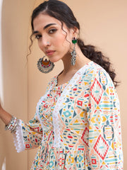 Women Beige Geometric Front Criss Cross Peplum Kurti