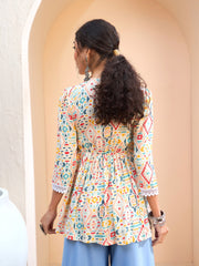 Women Beige Geometric Front Criss Cross Peplum Kurti