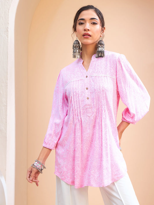 Women Pink Floral Pin Tuck Detail Shirt