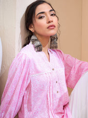 Women Pink Floral Pin Tuck Detail Shirt