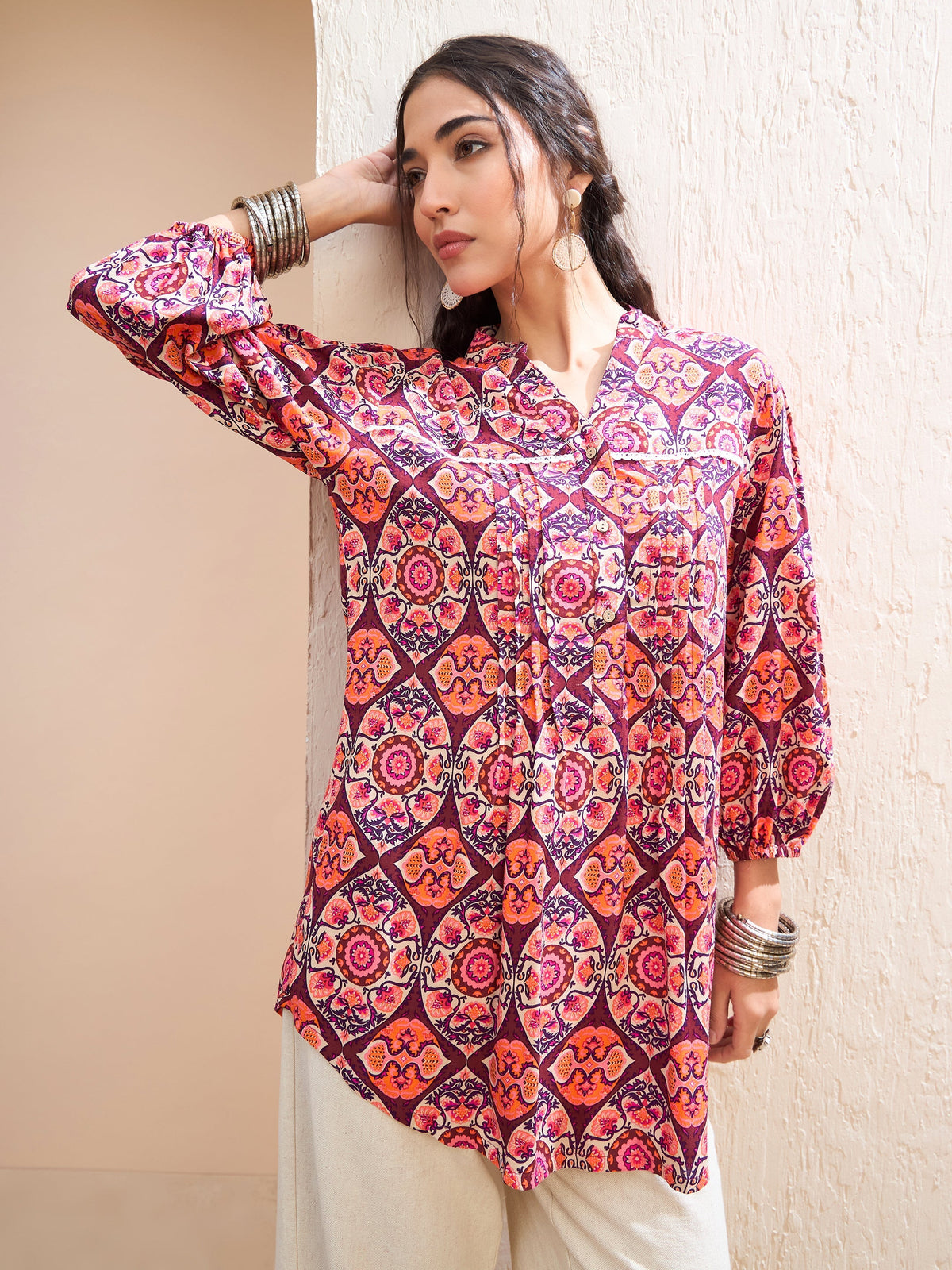Women Maroon Floral Pin Tuck Detail Shirt