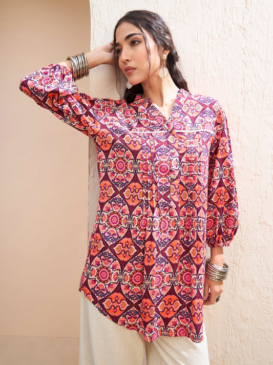Women Maroon Floral Pin Tuck Detail Shirt