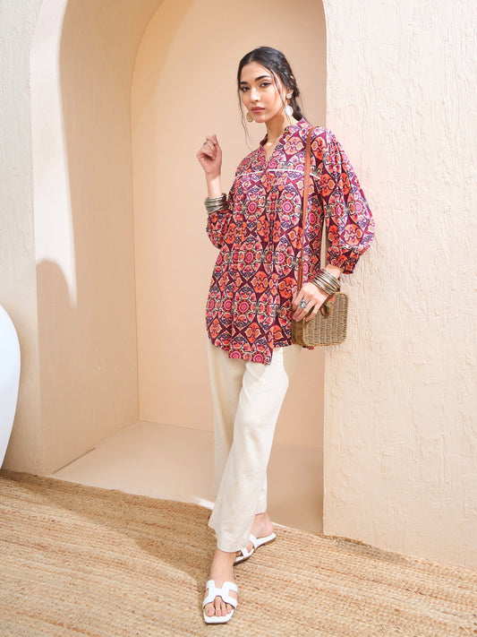Women Maroon Floral Pin Tuck Detail Shirt