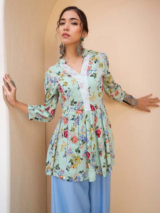Women Lime Green Floral Front Lace Peplum Kurti