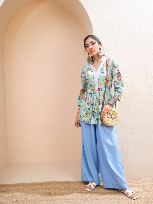 Women Lime Green Floral Front Lace Peplum Kurti