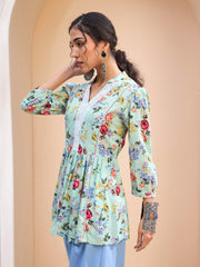 Women Lime Green Floral Front Lace Peplum Kurti