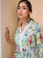 Women Lime Green Floral Front Lace Peplum Kurti