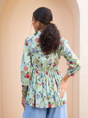 Women Lime Green Floral Front Lace Peplum Kurti