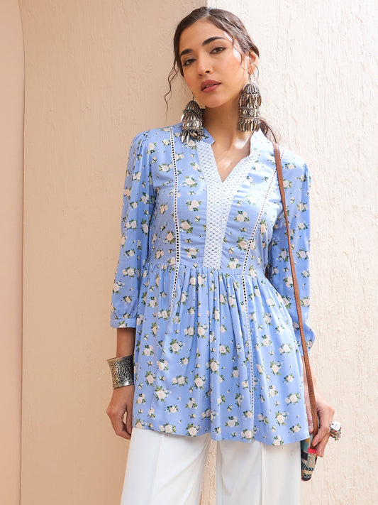 Women Blue Floral Front Lace Peplum Kurti
