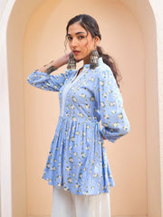 Women Blue Floral Front Lace Peplum Kurti