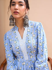 Women Blue Floral Front Lace Peplum Kurti