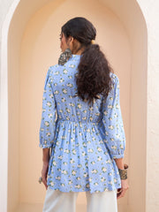 Women Blue Floral Front Lace Peplum Kurti