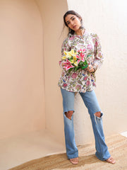 Women White Floral Buttonned Gathered Kurti