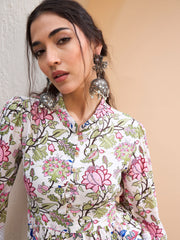 Women White Floral Buttonned Gathered Kurti