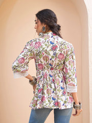 Women White Floral Buttonned Gathered Kurti