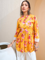 Women Yellow Floral Buttonned Gathered Kurti