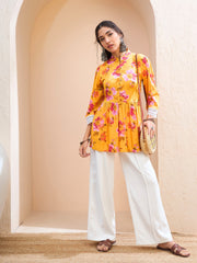 Women Yellow Floral Buttonned Gathered Kurti