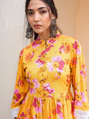 Women Yellow Floral Buttonned Gathered Kurti