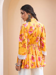 Women Yellow Floral Buttonned Gathered Kurti