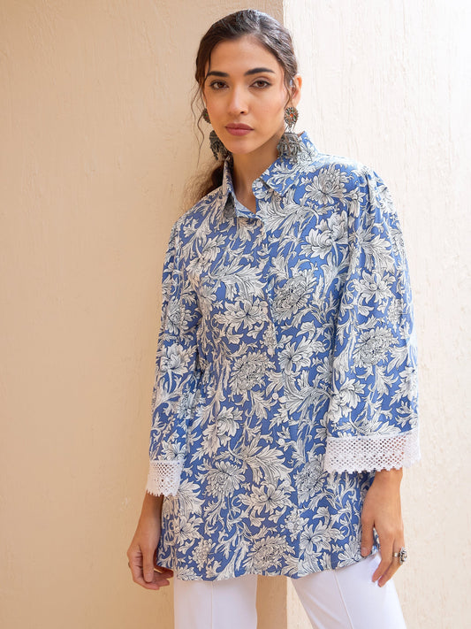 Women Blue Floral Buttonned Collar Neck Kurti