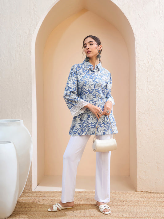 Women Blue Floral Buttonned Collar Neck Kurti