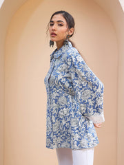 Women Blue Floral Buttonned Collar Neck Kurti