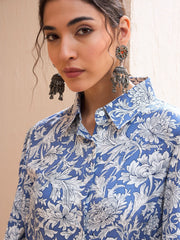 Women Blue Floral Buttonned Collar Neck Kurti