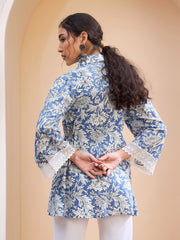 Women Blue Floral Buttonned Collar Neck Kurti